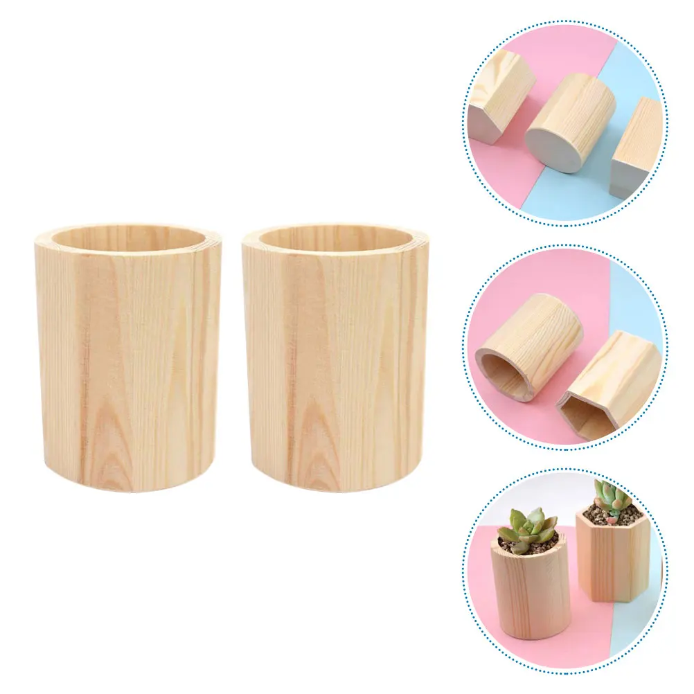 

2 Pcs Makeup Brush Pine Pen Holder Office Shape Wood Shaped Desktop Pencil Organizer