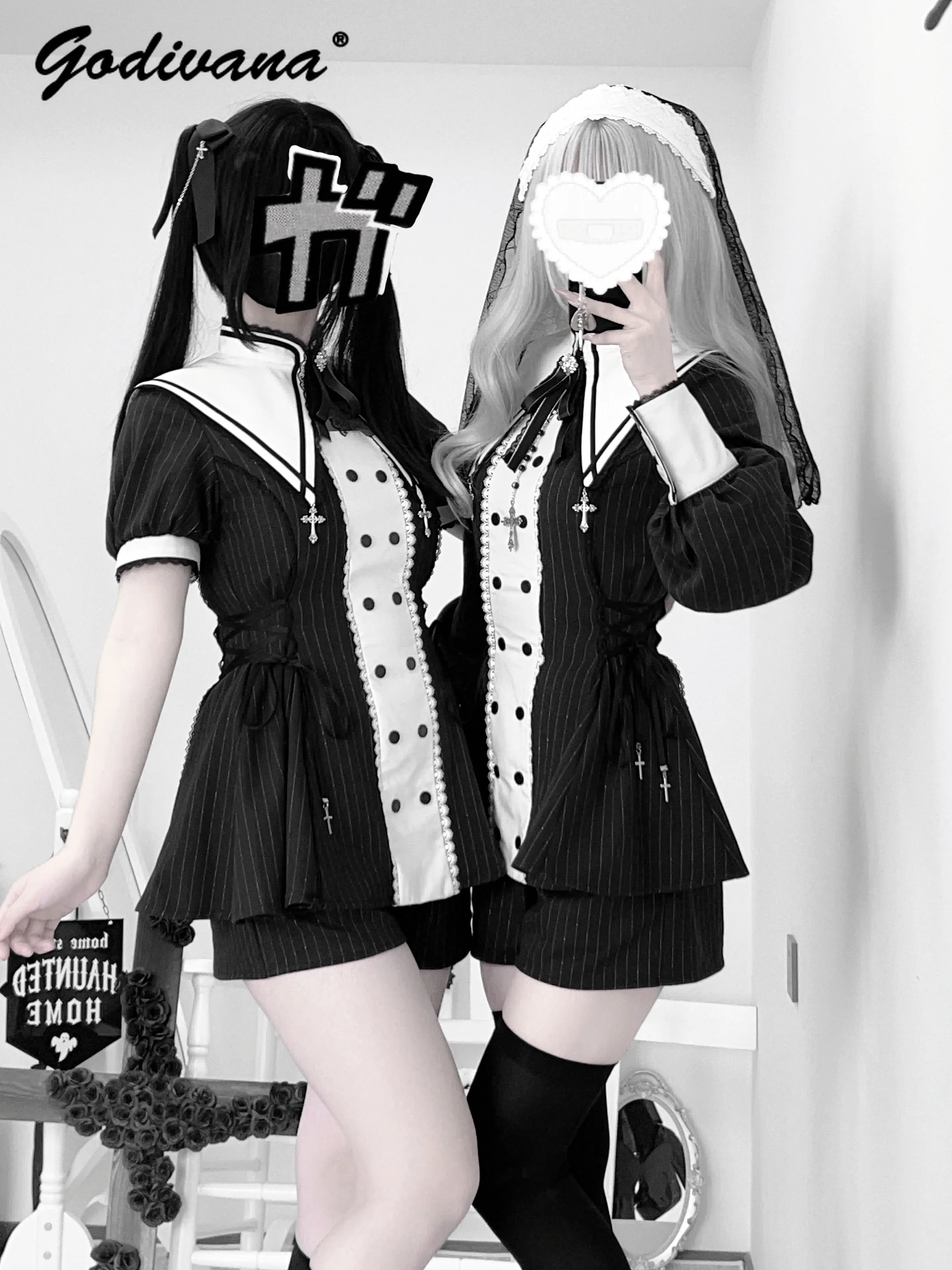 

Оригинальная готическая женская рубашка с воротником-стойкой, тонкая двубортная рубашка в полоску с короткими рукавами, топы и шорты, комплект из двух предметов