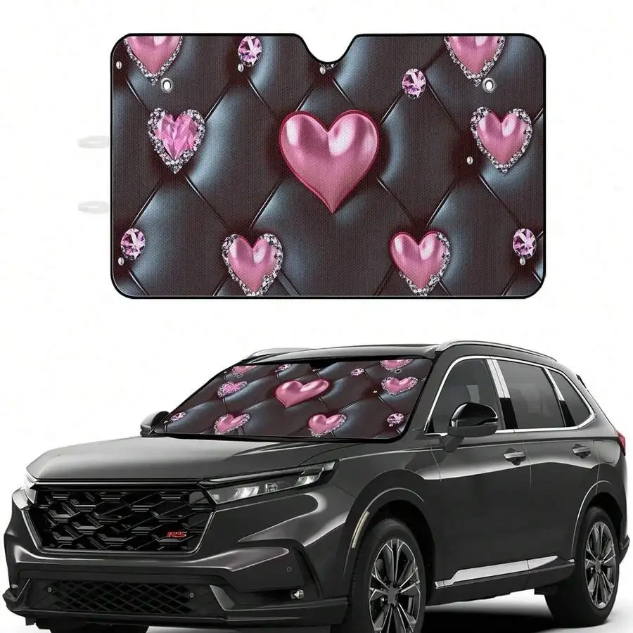 

Car Windshield Sunshade Cover Pink Heart Rhinestone Print Polyester Universal