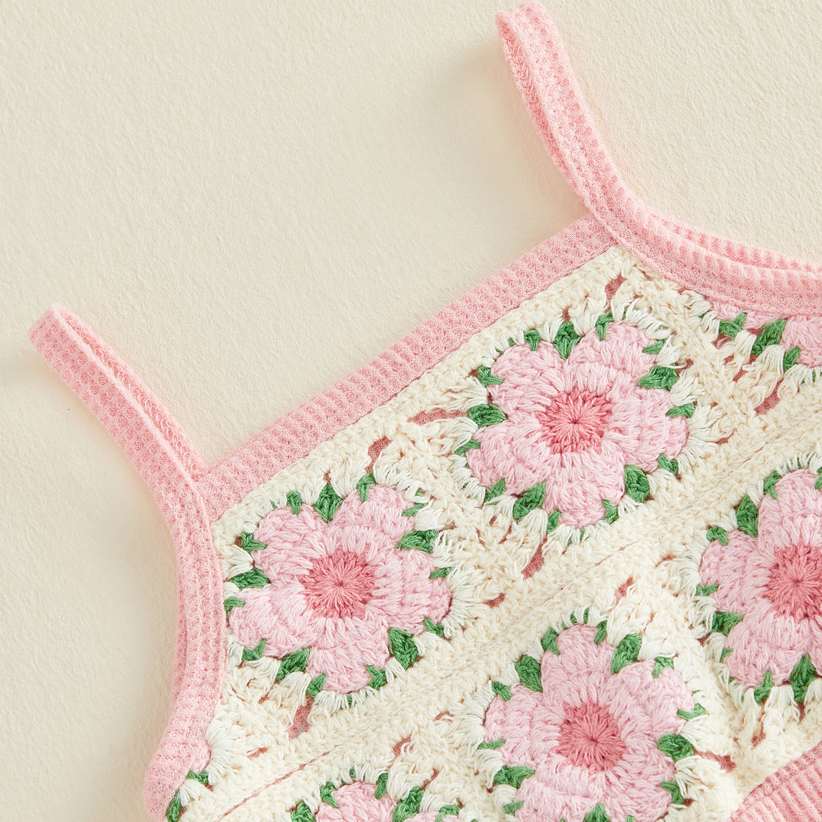 Summer Kids Girls Sleeveless Jumpsuits Flower/Strawberry Crochet Flared Romper Summer Baby Clothes for Party Casual
