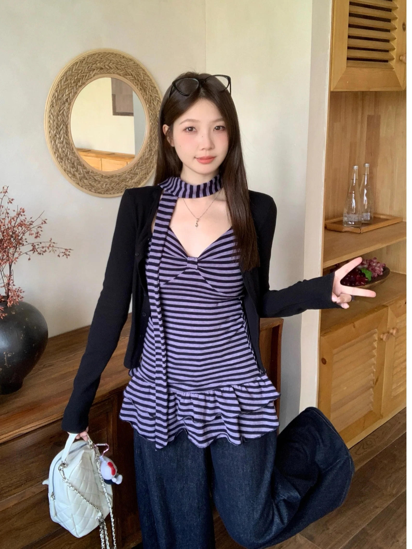 

plus Size Women's Vintage Striped Knitted Crop Top And Vest Set Slimming Effect Autumn Winter New Sle Commute Sle High Waist