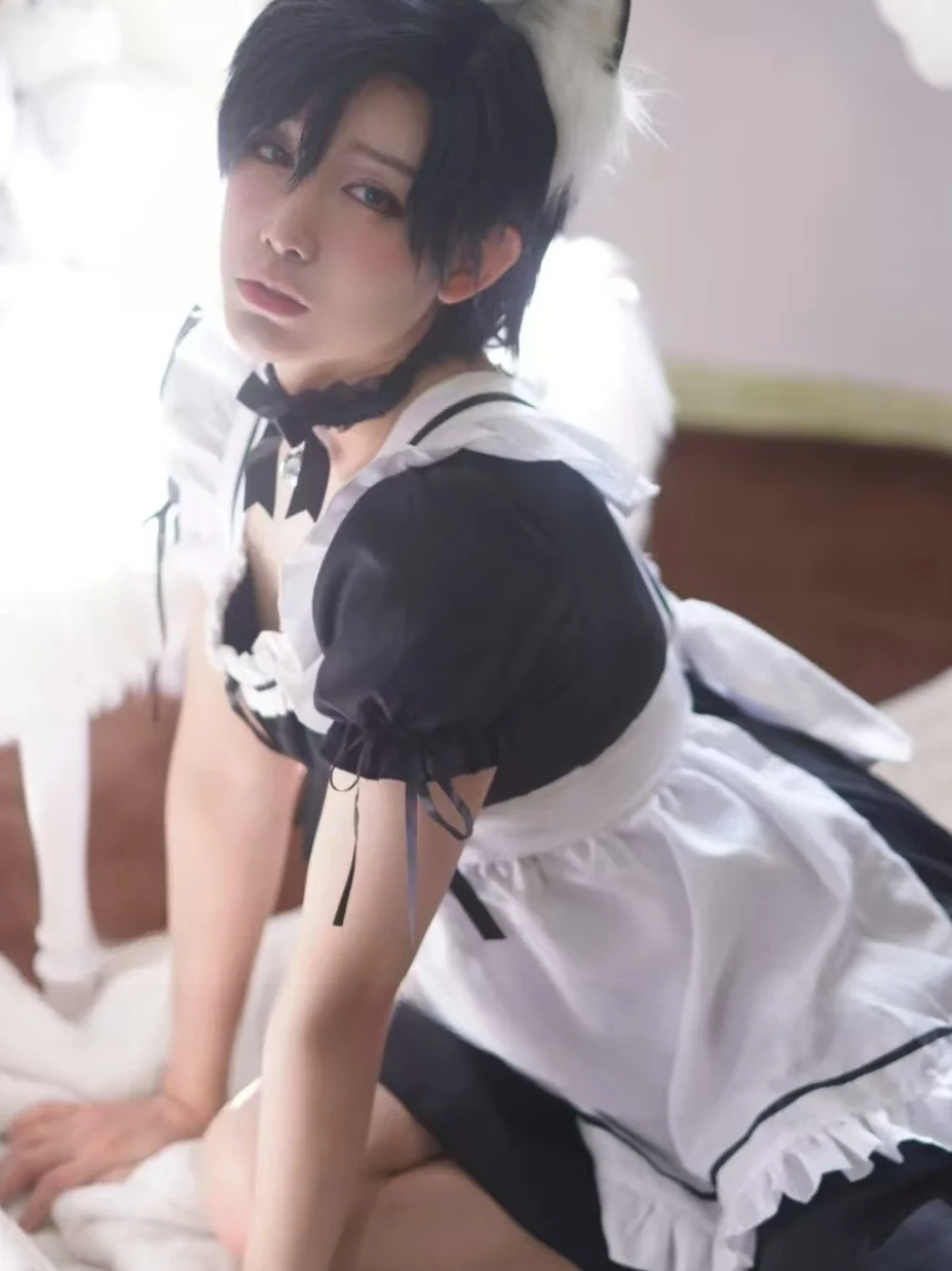 plus Size Male Servant Costume Sexy Apron  Ear Transformation Crossdresser Maid Uniform Short Cosplay Outfit Female Servant