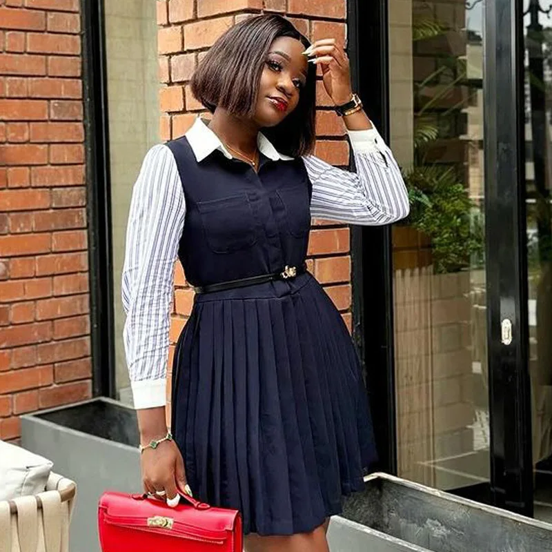 

Women's spring and autumn new design sense splicing pleated skirt femininity commuter dress