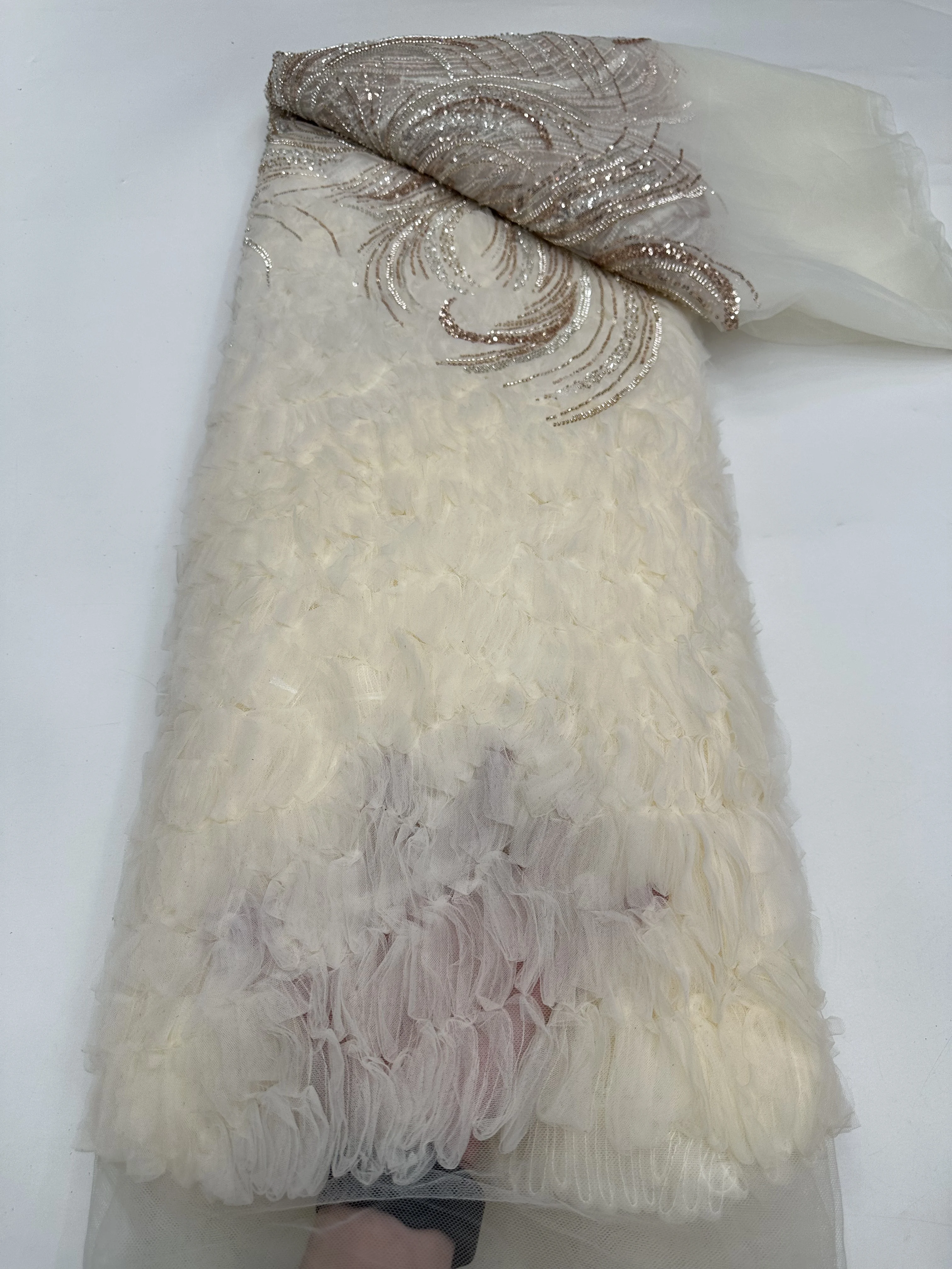 

African 3D Heavy Beaded Lace Fabric High Quality Nigerian Sequin Groom Lace French Tulle Fabric For Wedding Party Dress Sewing