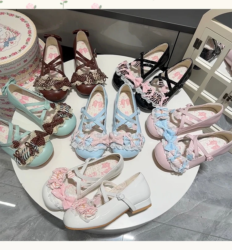 Japanese Original Cute Lolita Candy Bow Lace Flat Single Shoes Women's Comfortable Round Head Small Leather Shoes Soft Girl