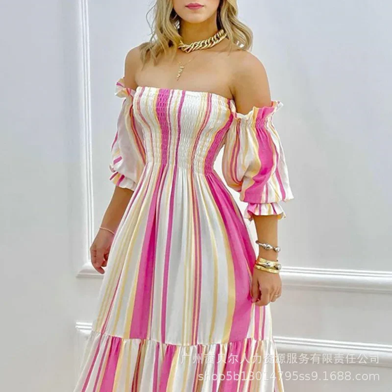 Women High Waist Dress Slash Neck Long Maxi Loose Dress Ankle Length Striped Lantern Sleeve