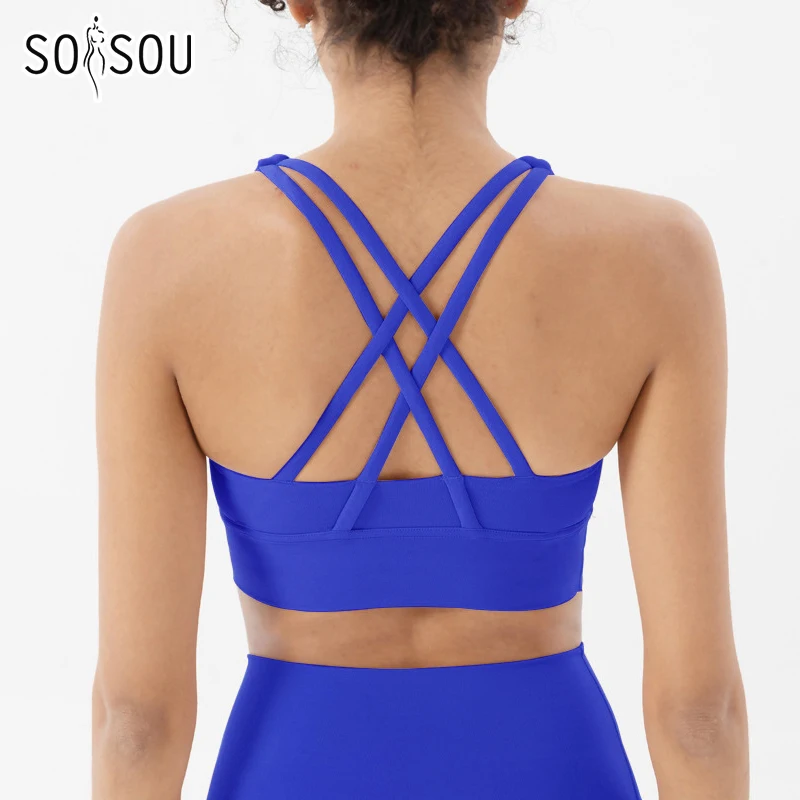 SOISOU Top Women Bra Cropped Bralette Gym Yoga Sports Bra Cross Sexy Back Female Bra Breathable Top Women's Underwear 25 Colors