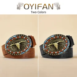 Western Cowboy PU Leather Belt - Men Waist Strap Bull Decoration Floral Engraved for Jeans Fashion Men's Leather Belt