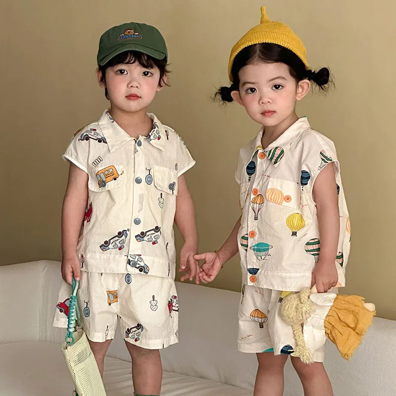 Summer Kids Cotton Clothes Set 1-10T Girls Leisure Vest Suit Loose Children Outfit 2PCS Boys Cartoon Car Shirt+Shorts