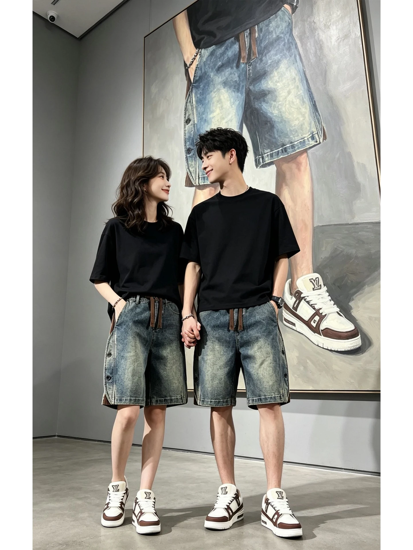 Retro Blue Deconstructed Color Block Men's Denim Shorts Summer American Splice Design Straight Leg Five-Quarter Mid-Pants