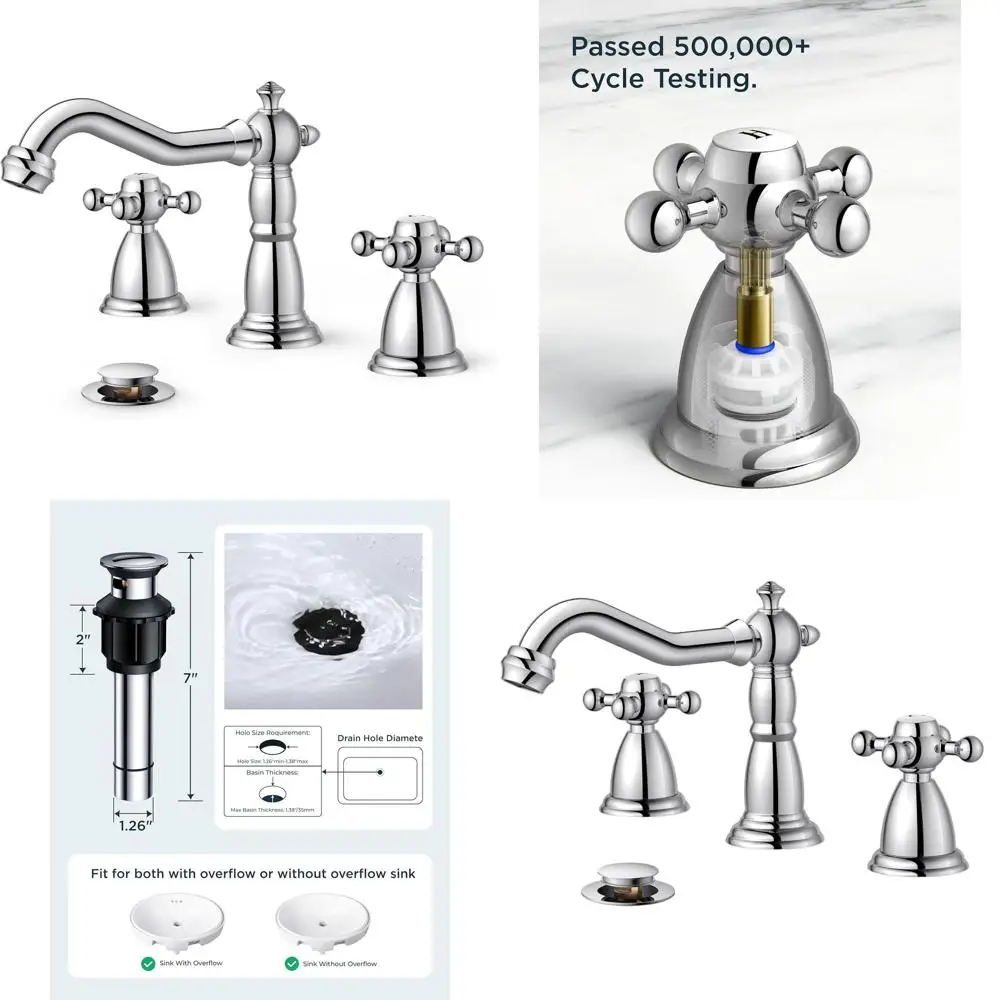 

8 Widespread 2-Handle Antique Vintage Sink Faucet with Pop-Up Drain & Supply Lines for Polished Chrome 3-Hole Vanity
