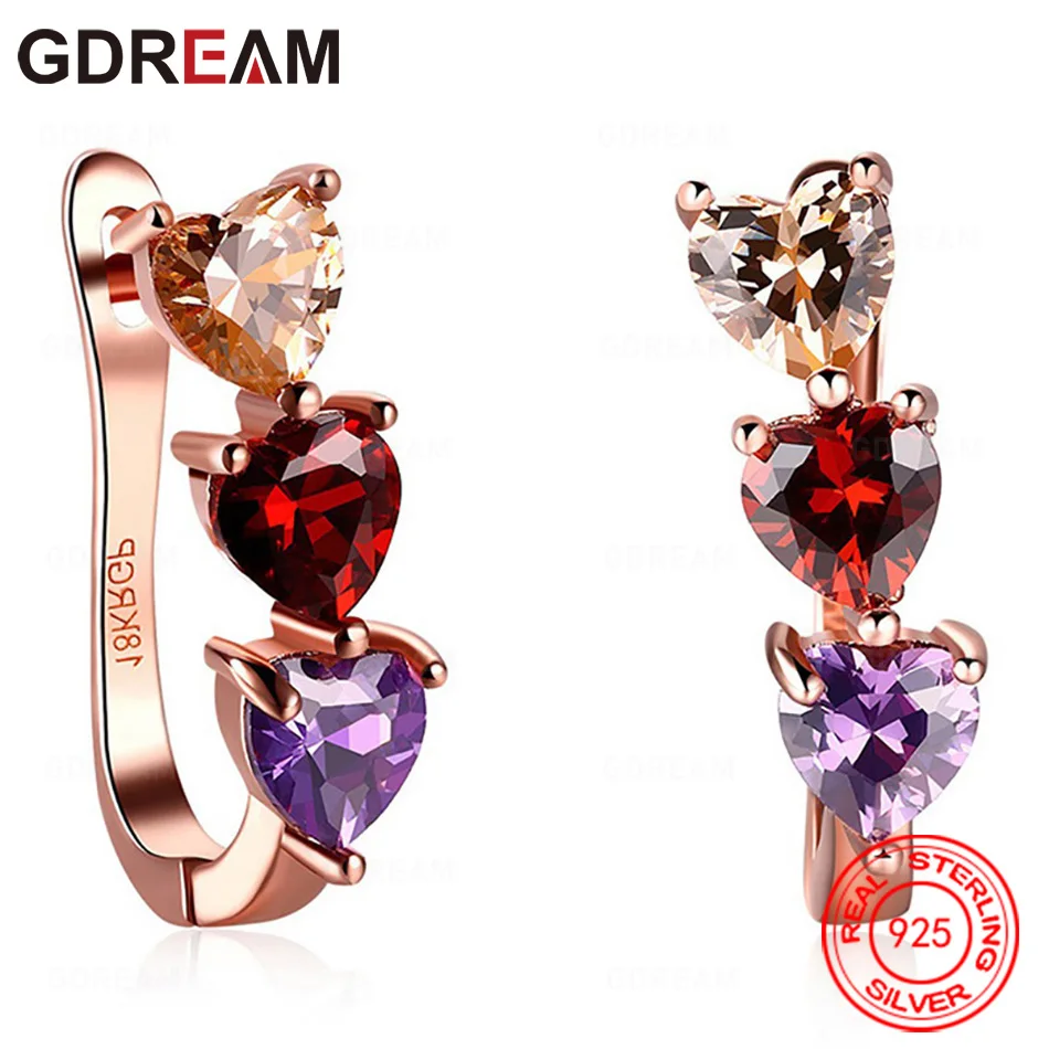 

GDREAM 925 Sterling Silver Zirconia Earrings With Three Hearts In Red, Purple, And White - Clip-On Jewelry For A Charming Woman