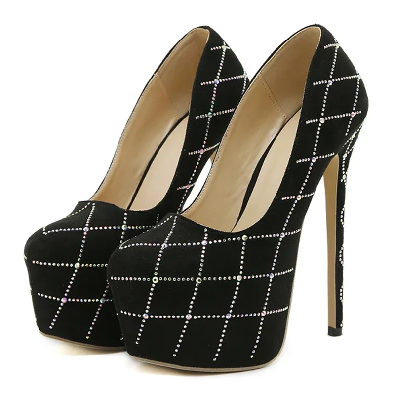 

Aneikeh/женские модные туфли на мелкой платформе с кристаллами и бриллиантами, круглые туфли на тонком каблуке, вечерние туфли-стриптизеры для ночного клуба, черные туфли на каблуке