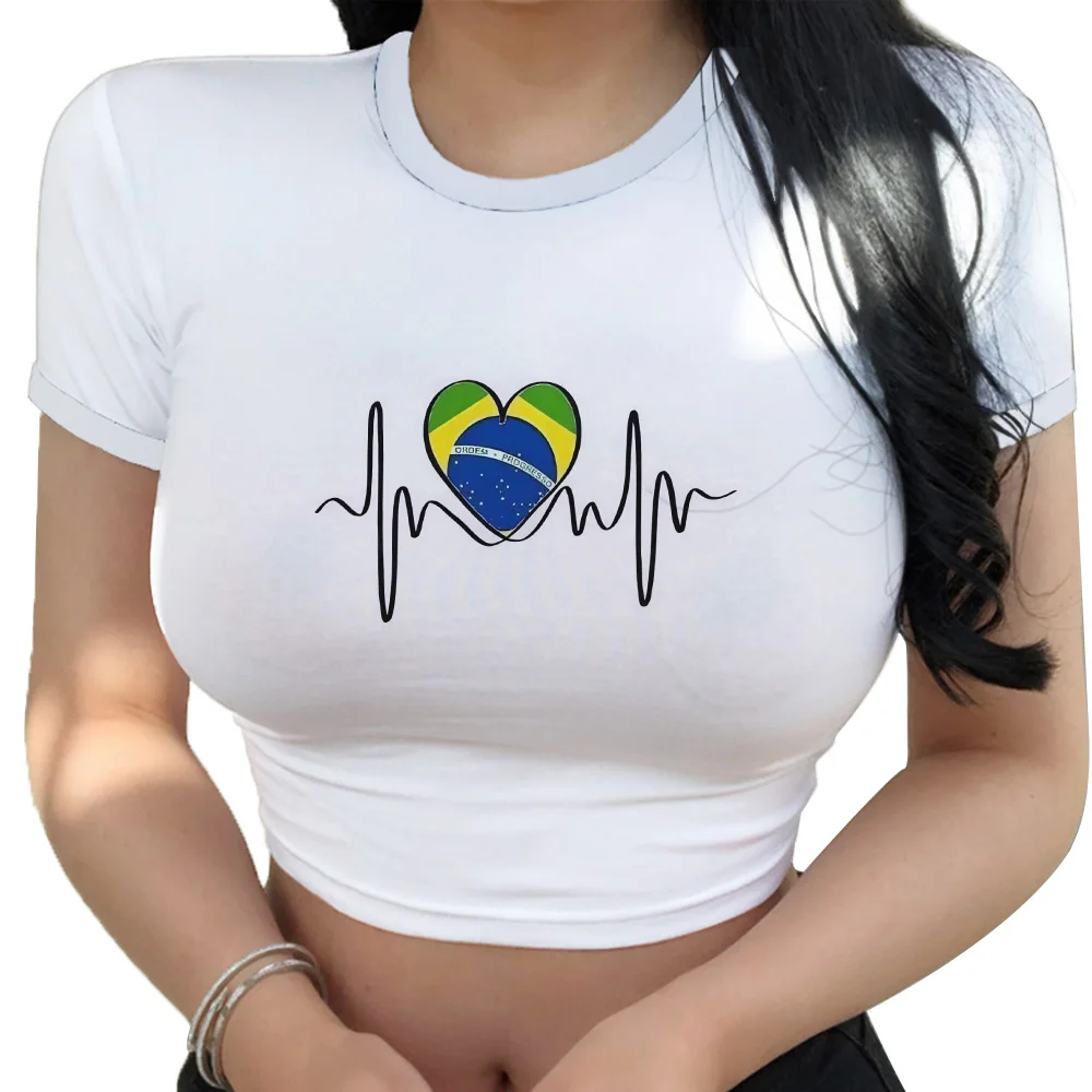 Women Cool Crop Top I Love Brazil Graphic Short Sleeve Woman Basic T Shirts Tee Summer Female T-shirt Streetwear Casual Clothes