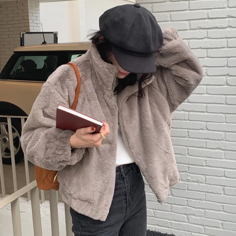 

Winter Warm Thickened Plush Jacket Women Stand Collar Loose Zipper Outerwear Casual Comfortable Solid Simple Coat