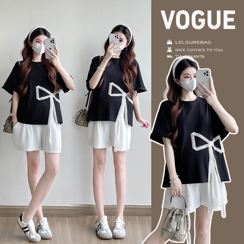

Korean Style Petite Maternity Set Summer New Bow Detail Split Tee with Shorts Youthful Two Piece Outfit for Pregnant Women