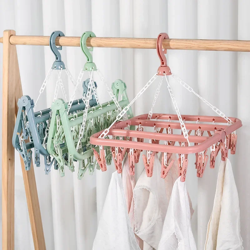 32 Clips Folding Clothes Dryer Hanger Children Adults Clothes Dryer Windproof Socks Underwear Plastic Drying Rack Clothes Hanger