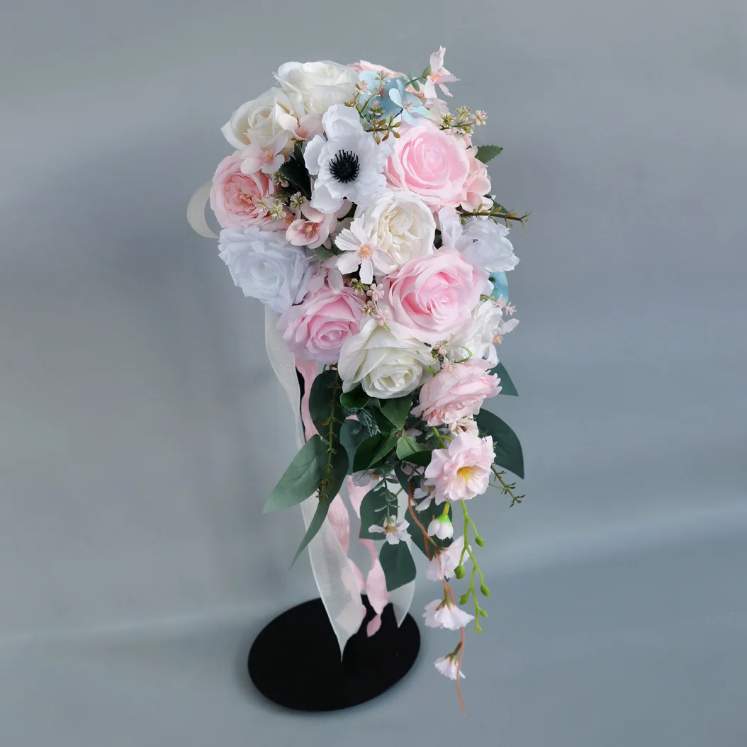 

Wedding Bouquet Waterfall Artificial Flowers White Bridal Pearl Bride Bouquet Fleur Mariage