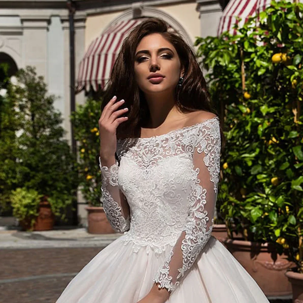 Vestido De novia De manga larga, traje De boda De lujo, cuello Barco, Abiti Da Sposa, Apliques De encaje clásicos