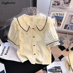 Camisas con cuello Peter Pan para Mujer, Blusas de estilo francés de encaje Kawaii, ropa de manga abullonada elegante, nuevo diseño, moda de verano