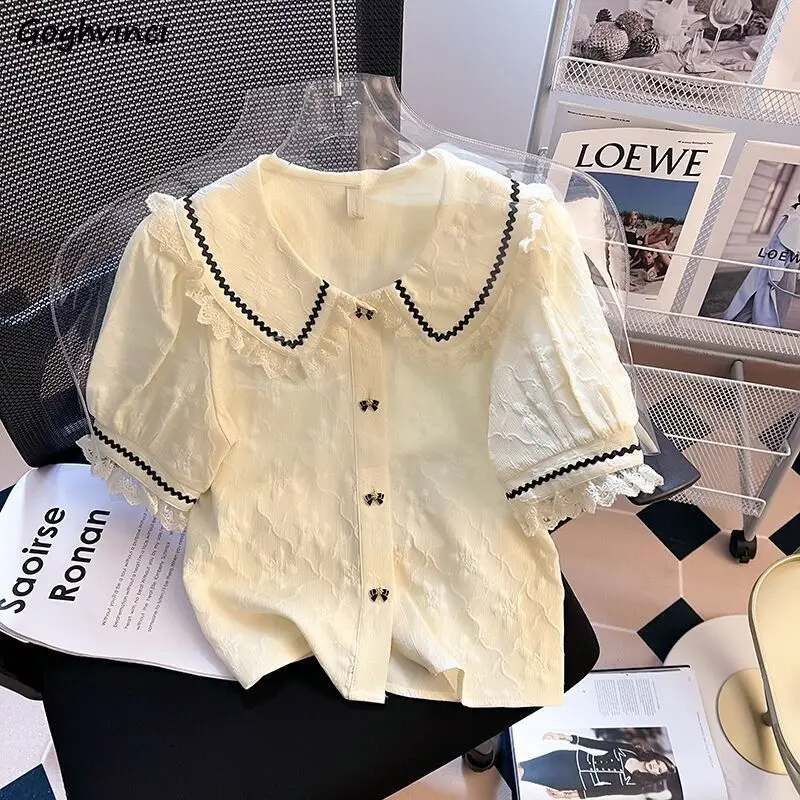 Koszule z kołnierzykiem Peter Pan Kobiety Kawaii Koronka Delikatny Modny Francuski Styl Mujer Blusas Lato Nowy Design Eleganckie Ubrania z bufiastymi rękawami