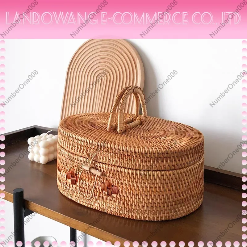 Vietnamese Handwoven Storage Basket Box with Lid Portable Picnic Organizer Container