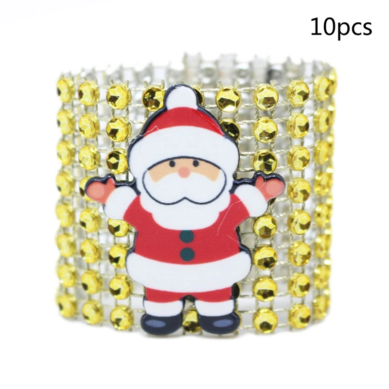 10Pcs Christmas Cartoon Santa Napkin Rings Holder 8 Rows Shiny Diamond for Rhinestone Buckles for Xmas Party Decor