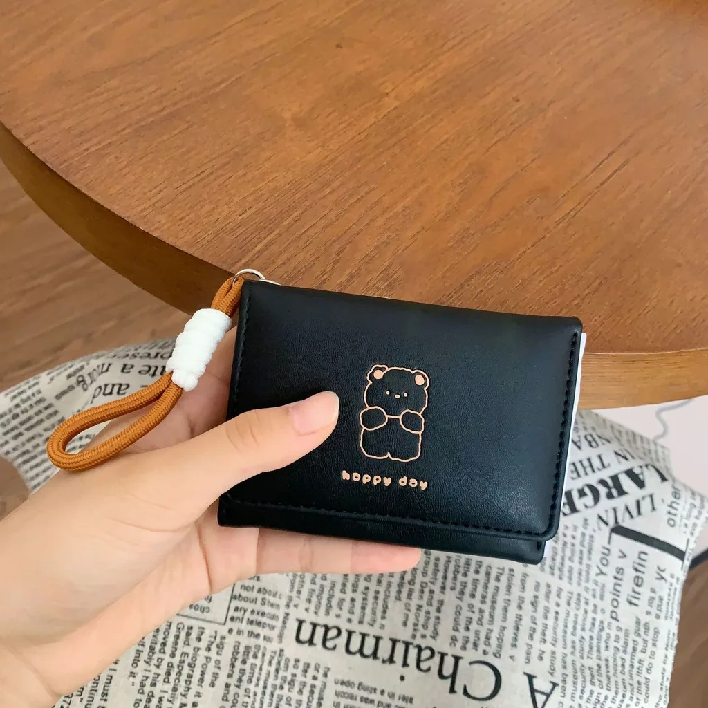 Compact Student Wallet Delicate Cute Lanyard Wallet Animal Print Card Holder Portable Women'S Tri-Fold Wallet For Students