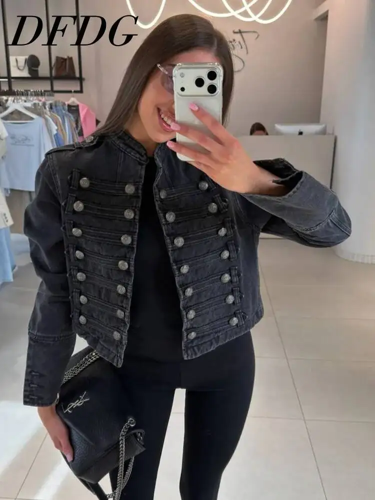 

DFDG Women 2026 Spring Summer Military Style Denim Jacket Stand Collar Double Breasted Short Outerwear Elegant Streetwear Coat