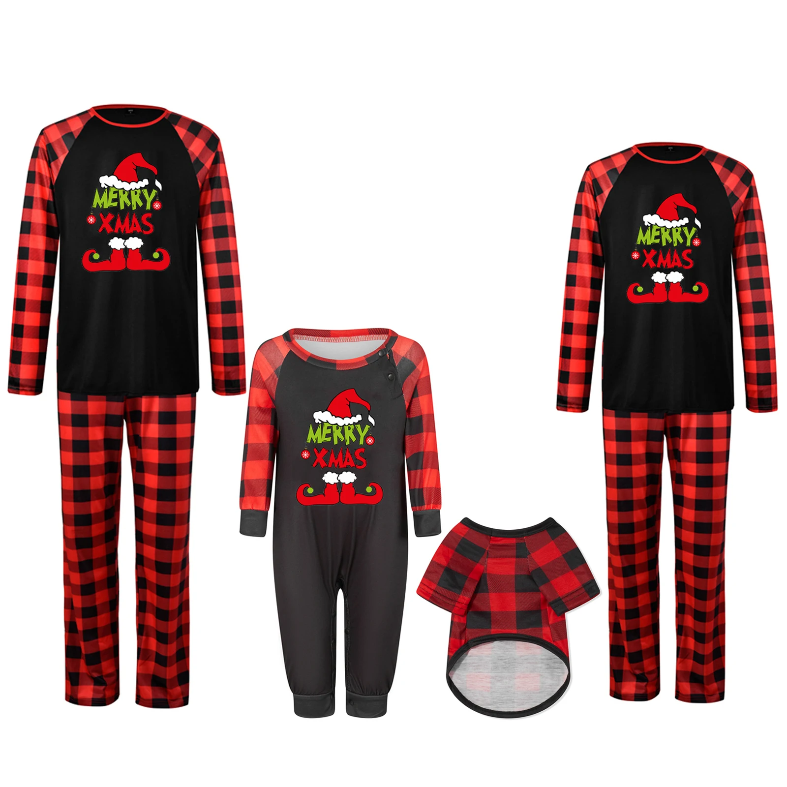 Christmas Pajamas for Family Long Sleeve Cartoon Print Tops + Plaid Trousers Set Holiday Nightwear