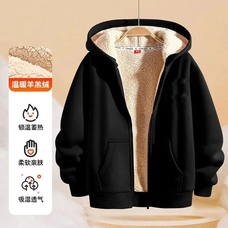 

New Boys Girls Casual Jackets Kids Padded Thickened Lambwool Coats Children Warm Winter Hoodies Teenager Fashion Hooded Clothing