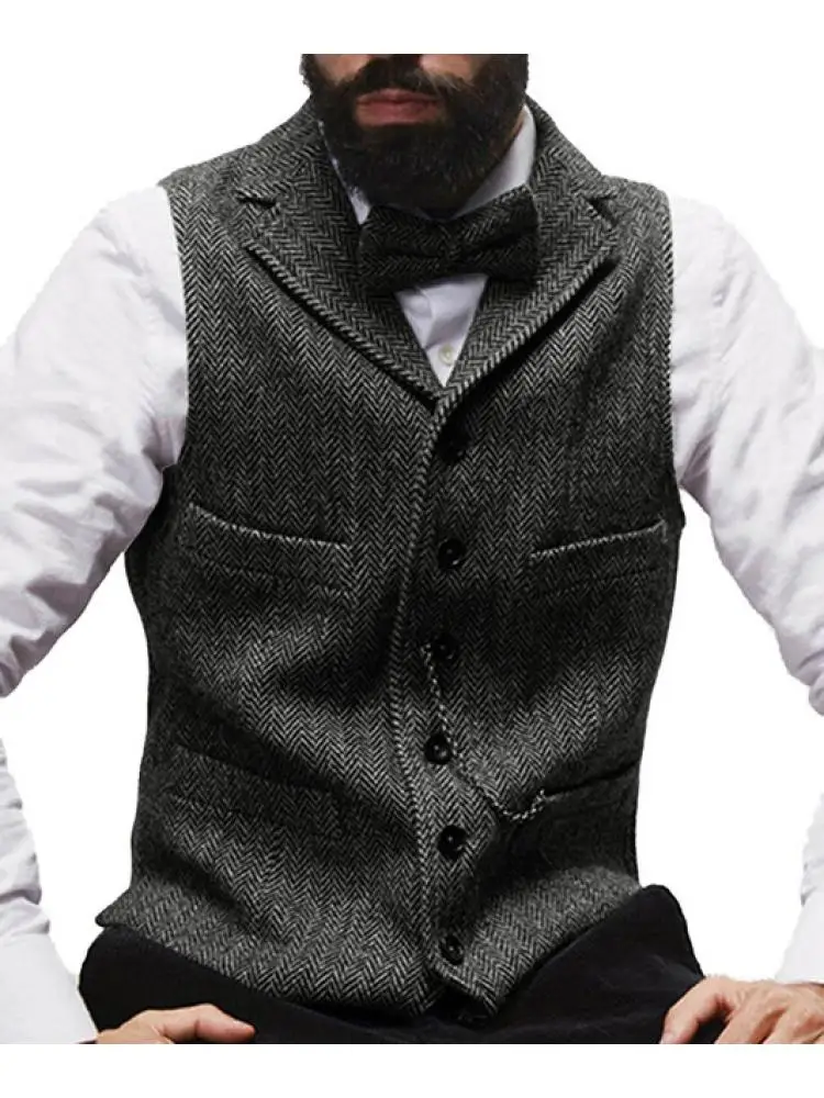 

Men‘s Suit Vest Brown Burgundy Lapel V-neck Herringbone Wool Casual Formal Business Waistcoat Jacket Groomman For Wedding