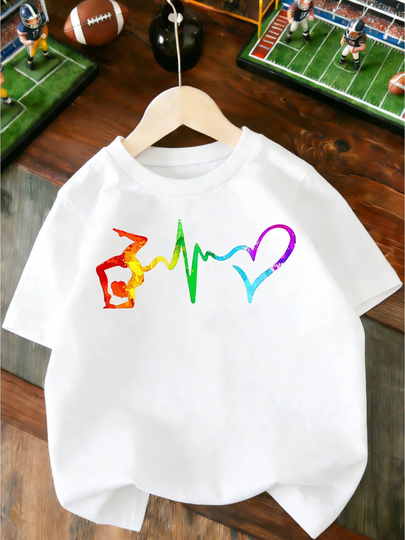 Colorful Gymnast Heart ECG Silhouette Graphic T Shirt Boys Girls Casual Short Sleeve Tee Family Matching Kids Cotton Tops