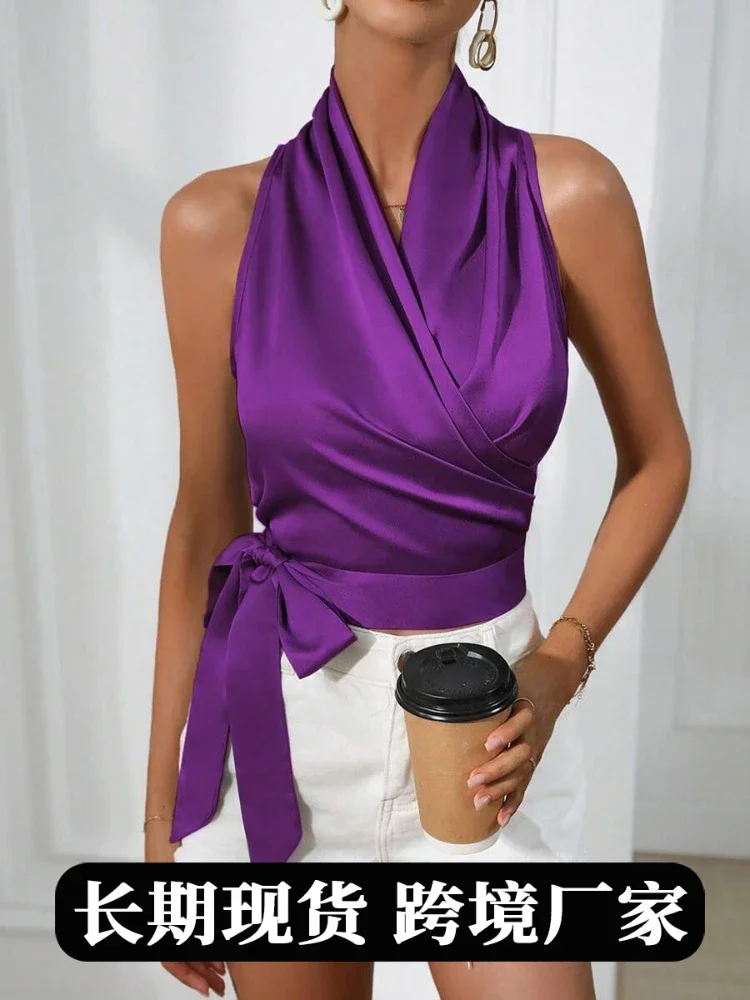 Elegante pescoço pendurado camisas e blusas de cetim de seda 2025 primavera verão sexy rendas até lado envolto sem mangas temperamento camisa topos