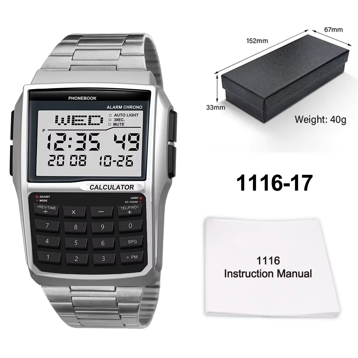 Montre multifonctionnelle de style informatique, luxe, mode, acier inoxydable, calculatrice, lumière LED nocturne, montre pour homme, montre en alliage