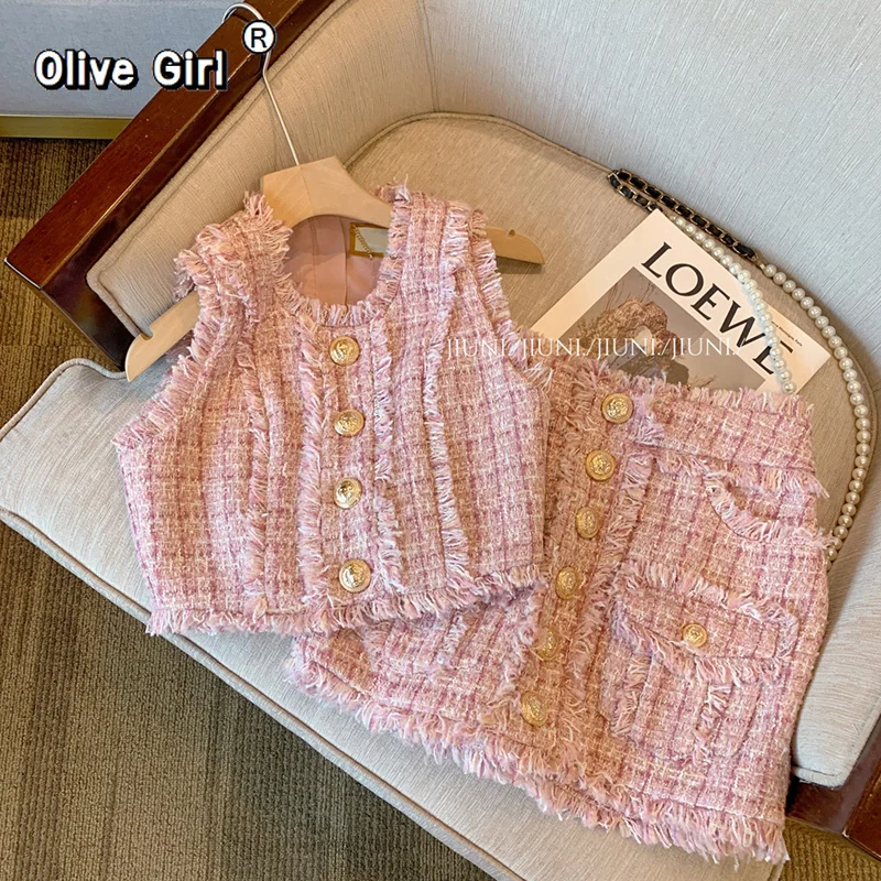 Olivegirl Women Sleeveless Top+ Mini Skirt Suit  Korean Weave Plaid Tweed 2-Piece Set Summer Luxury Gold Button Party Outfit - view 3