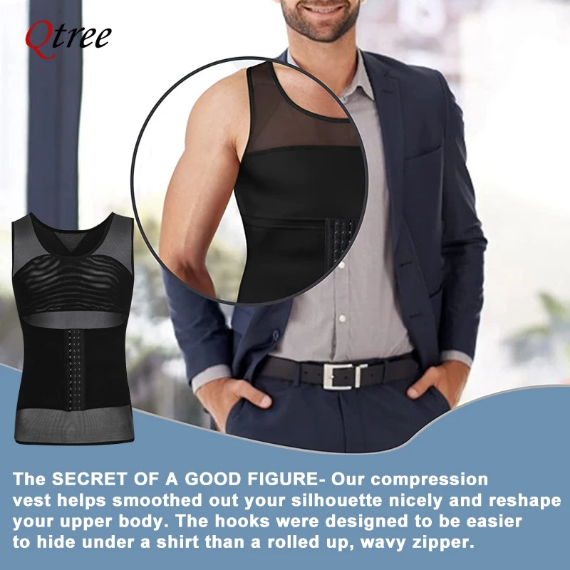 Qtree Mens Compression Slimming Body Shaper Vest Hooks Sleeveless Undershirt Weight Loss Tummy Control Waist Trainer Corset