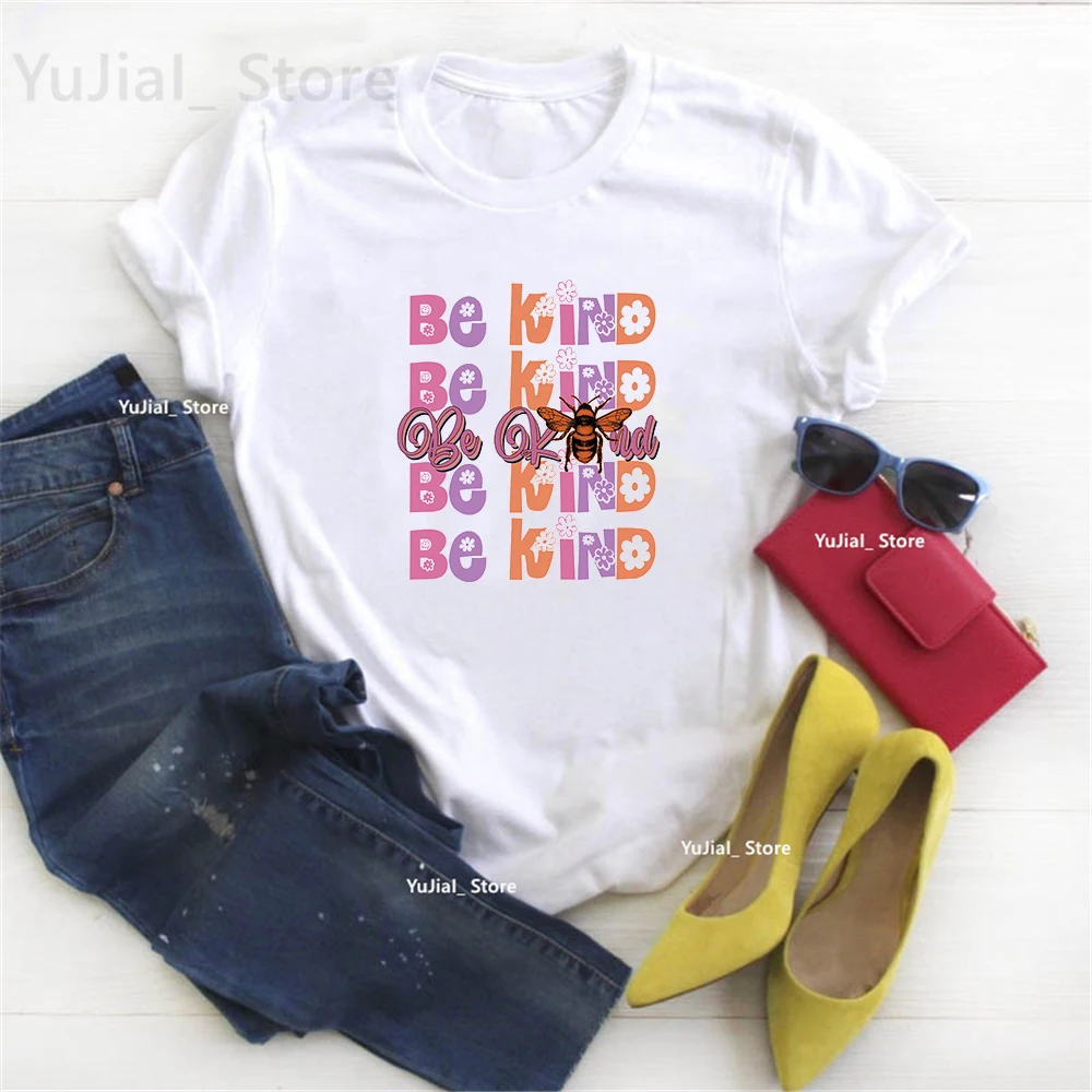 Be Kind Flowers Graphic Print T Shirt Girls Harajuku Kawaii Clothes Cute Bee Tshirt Women Summer Fashion Tops Tee Shirt Femme