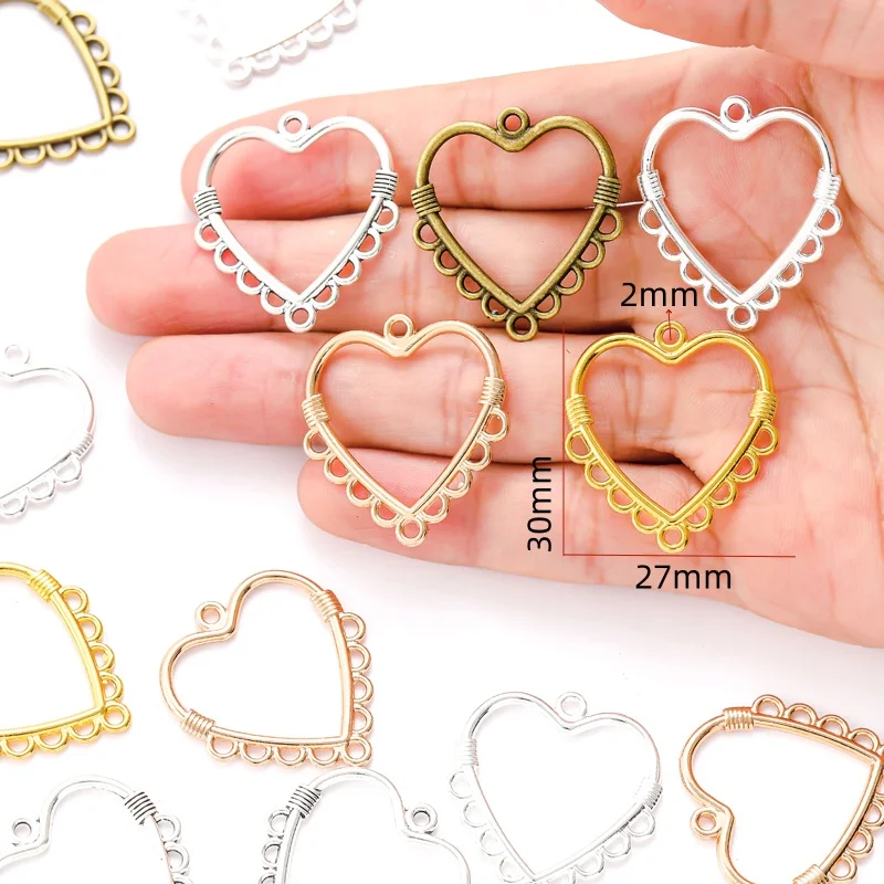 10pcs 5 Color Alloy porous Hollow heart shaped Charm For Bracelet necklace Pendant DIY Jewelry Accessories Making 30*27mm A131