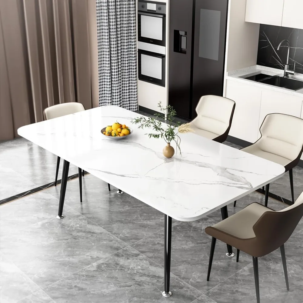 

Sintered Stone Dining Table, Modern White Rectangular Kitchen Table with Metal Legs, Stone Dining Table for Patio, Backyard, Scr