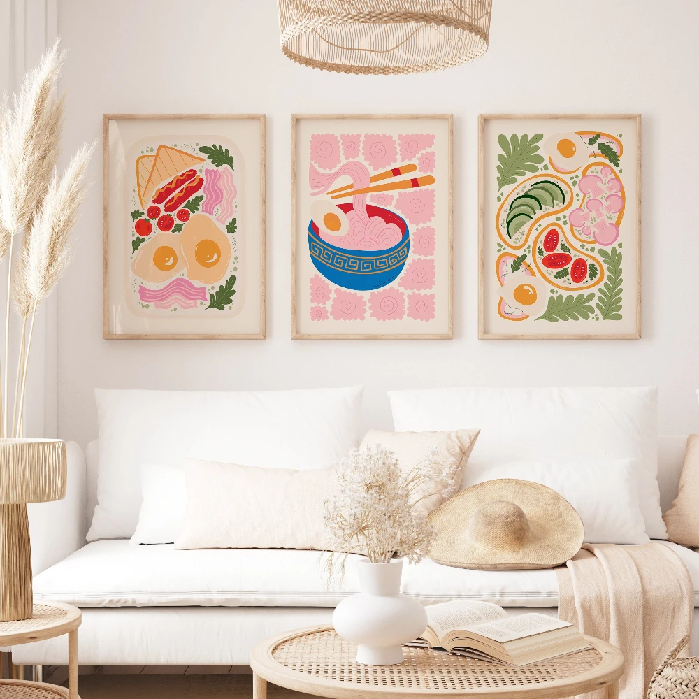 3pcs Japanese Ramen Posters Fried Egg, Tomato, and Vegetables Frameless Canvas Prints for Kitchen, Dining Room, Home Decor
