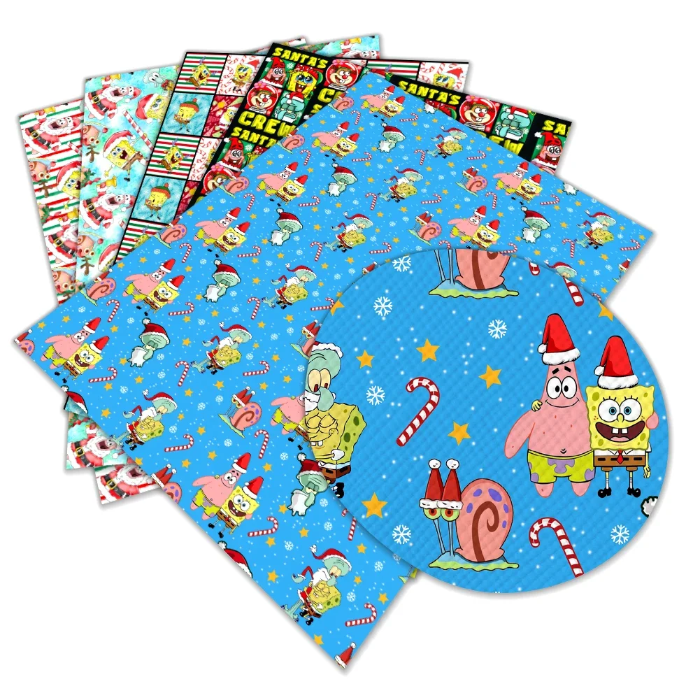 Christmas Theme Cartoon SpongeBob Pattern Artificial Leather Cross Lychee Pattern for DIY Jewelry Earring Craft Making 30*136cm