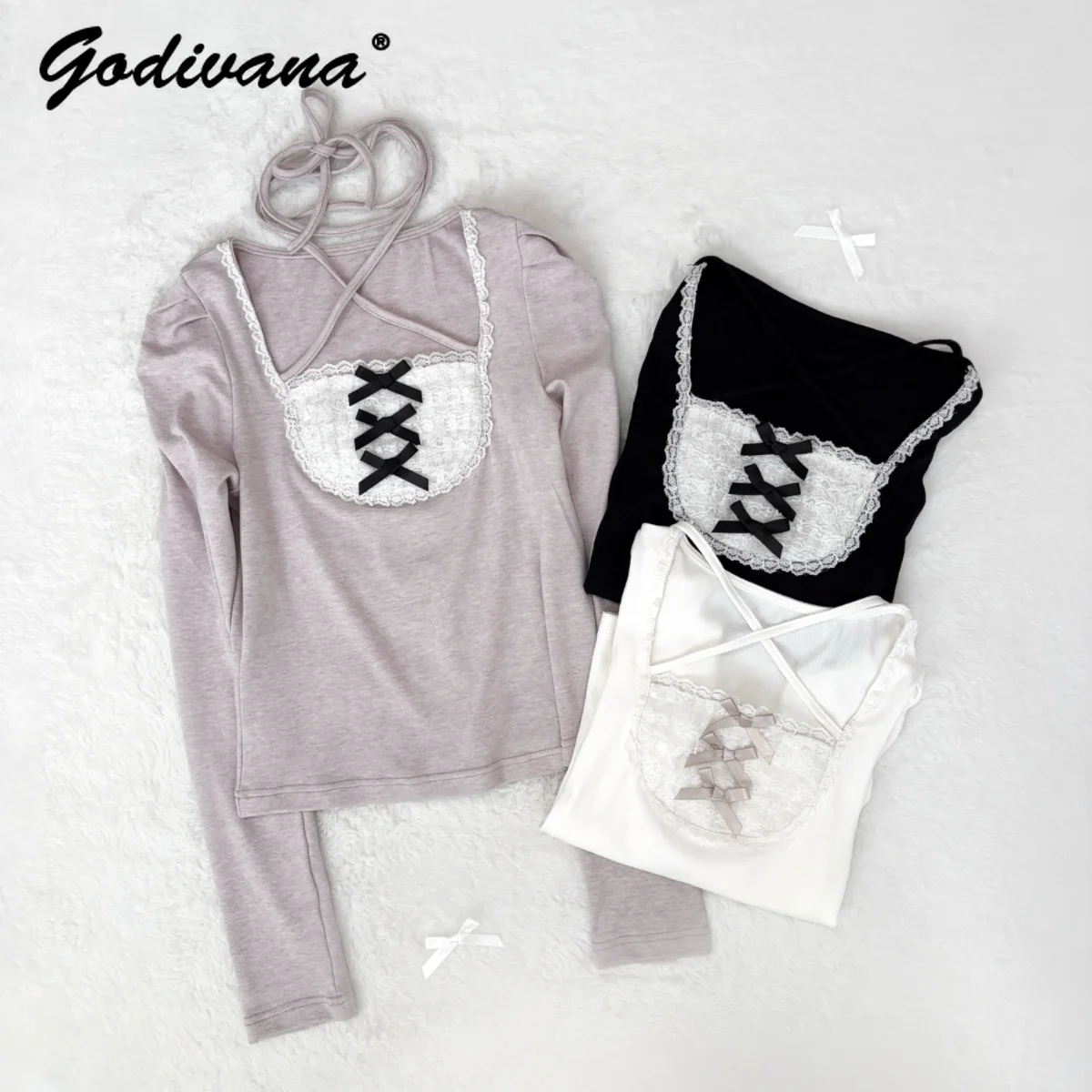 Nieuwe Lente en Herfst Subcultuur Cross Halter Gebreide Top Meisje vrouwen Zoete Boog Lolita Lange Mouw Trui T-Shirt tops