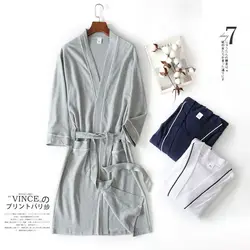Gray White Waffle Robe for Men Cotton Kimono Men Bathrobe for Spring Autumn 100% Cotton Long Style Men and Women Kimono Robe