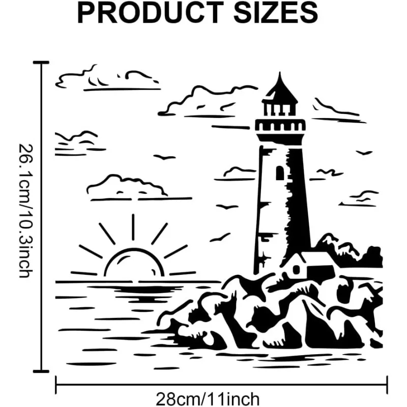 1Bag Lighthouse Stencil Sea Ocean Nautical Stencil 11.8×11.8inch with Paint Brush Sun Cloud Coast Reef Sea Wave Pattern Reusable