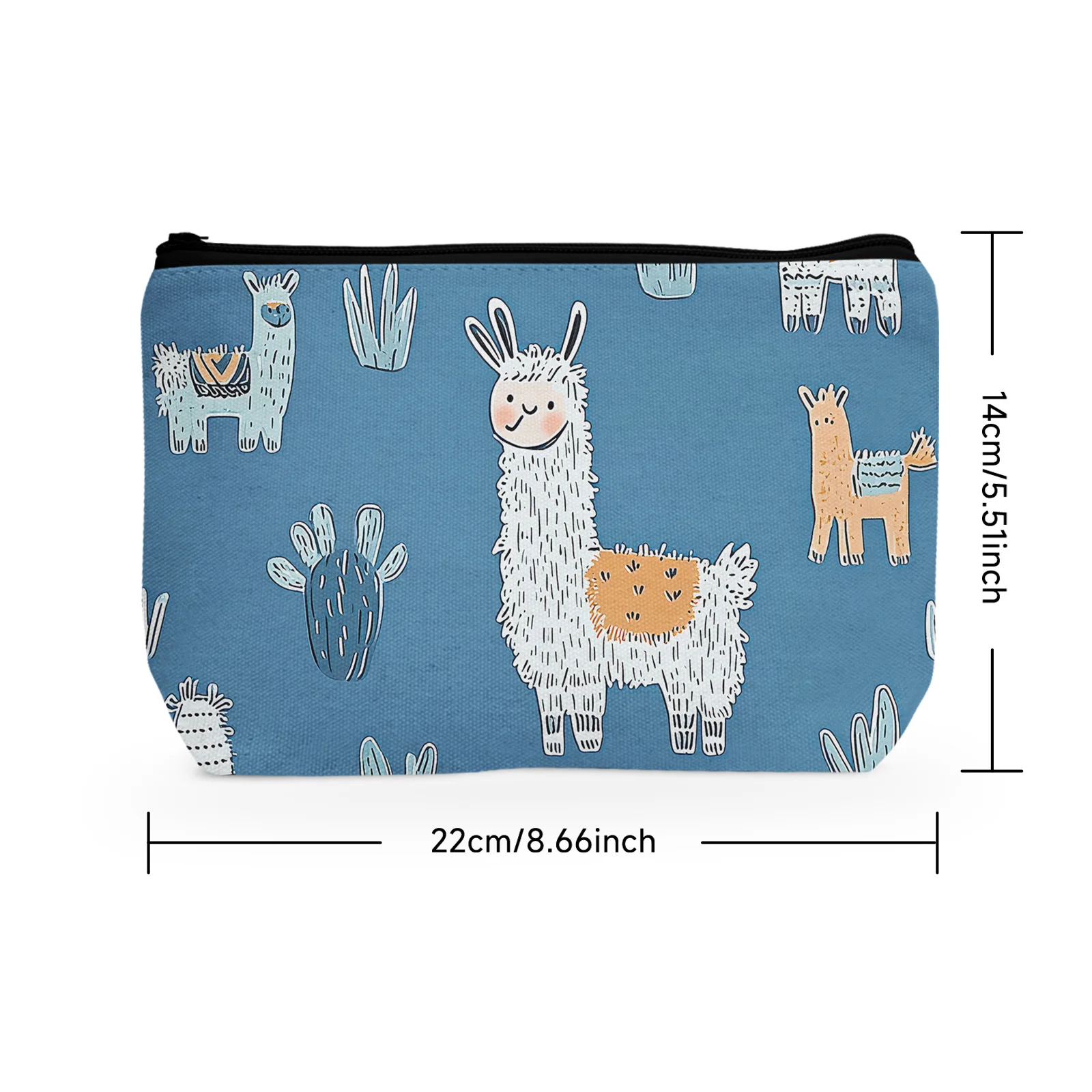 1Pc Cute Alpaca Makeup Bag Abstract Cartoon Funny Tropical Plants Blue Background Portable Cosmetic Bags