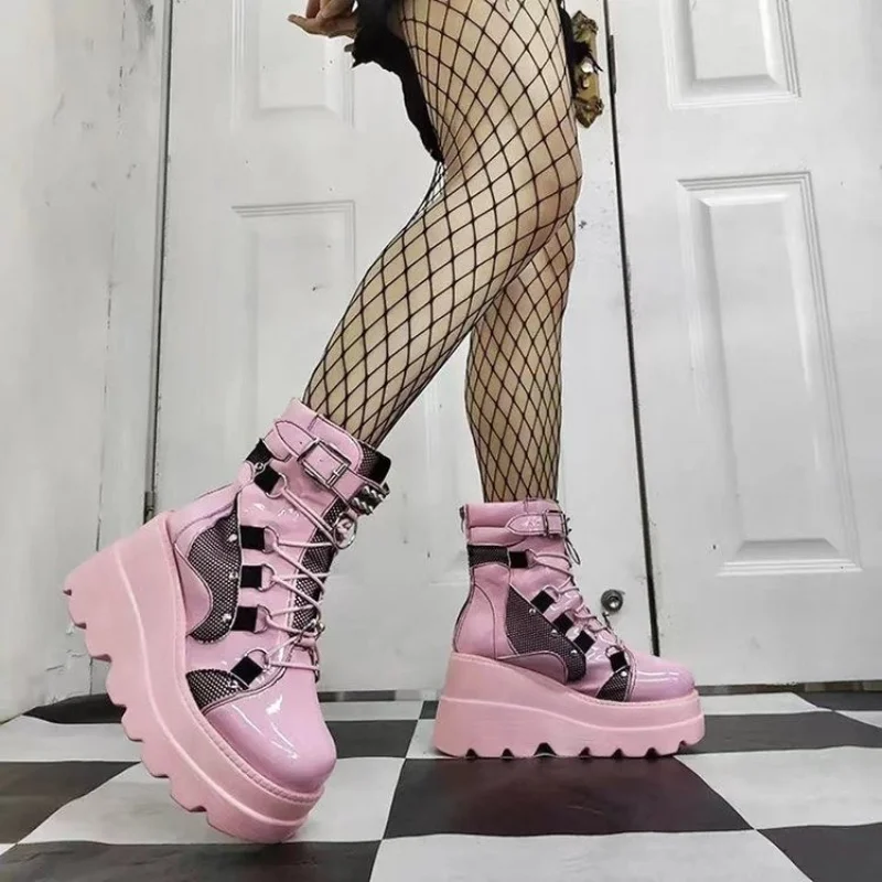 Botki damskie krótka skórzana platforma czarne Combat Gothic Punk buty New Rock Motocross Lolita Plus Size Vintage Designer