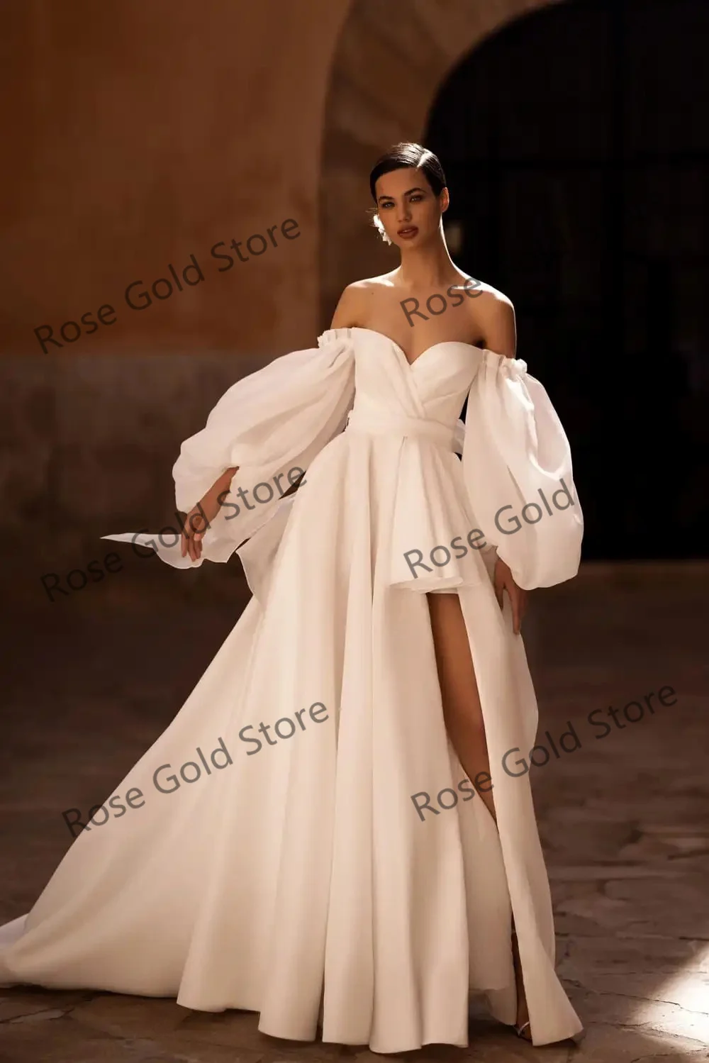 Princess Wedding Dresses Bride High Slit Vestidos Novia Puff Full Sleeves Party Guest Gown Spring Flowy Rode De Moriee