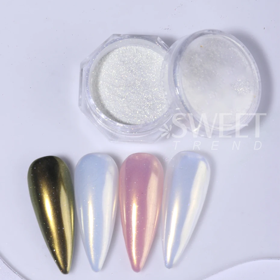 12pcs/set Shimmer Aurora Nail Mirror Powder Pearl White Aurora Chrome Powder DIY Pigment Rubbing Dust Holo Manicure Decoration