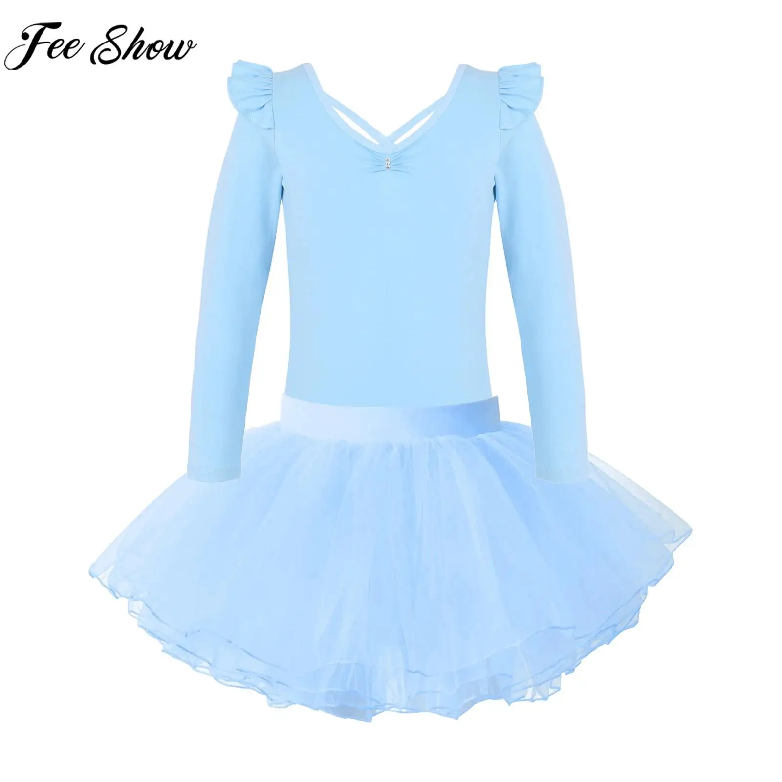 Kids Girls Ballet Gymnastics Leotard Dance Tutu Long Sleeve Bodysuit with Skirt Dancing Class Training Stage Performance Costume